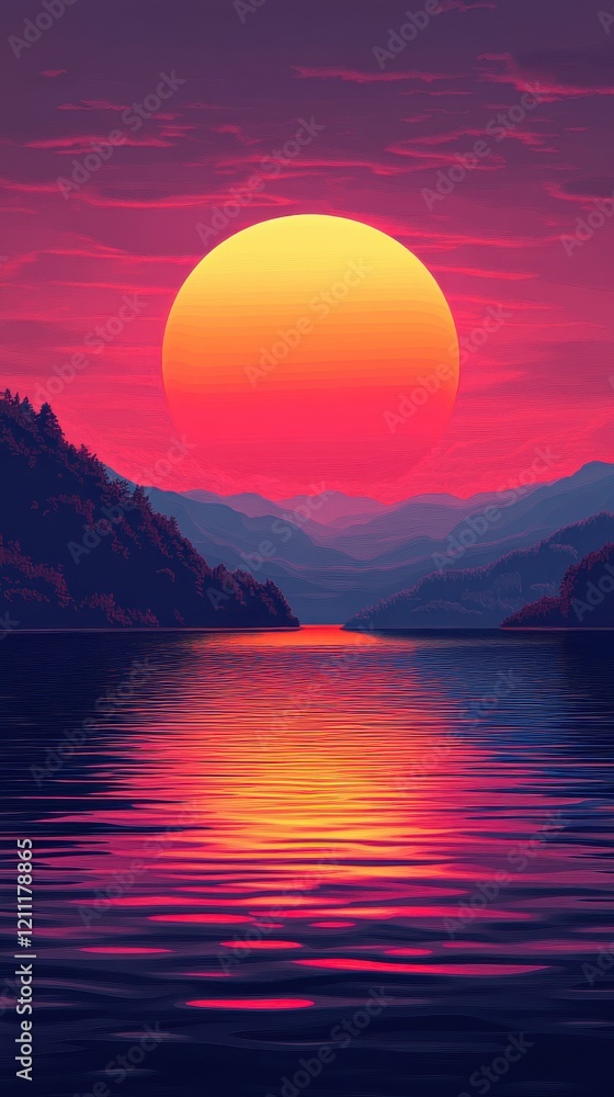 Vibrant Sunset Over Serene Lake with Stunning Reflections and Mountain Silhouette Vibrant Sunset Over Serene Lake with Stunning Reflections and Mountain Silhouette