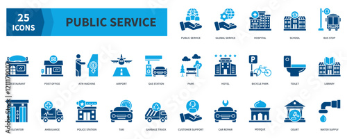 Public Service  Icon Collection Set. Containing  public service, hospital, school, bus stop, post office, airport, ambulance, police station Icon. Simple Flat Vector. Blue Color Style