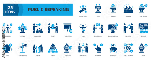 Public Speaking  Icon Collection Set. Containing microphone, podium, speaker, audience, influencer, presentation, debate, speech Icon. Simple Flat Vector. Blue Color Style