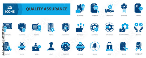 Quality Assurance  Icon Collection Set. Containing  guarantee, satisfaction, standard, certificate, verification, integration, quality control, good quality Icon. Simple Flat Vector. Blue Color Style