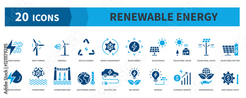 Renewable Energy  Icon Collection Set. Containing wind energy, turbine, windmill, recycle, hydropower, geothermal, solar panels, biomass Icon. Simple Flat Vector. Blue Color Style