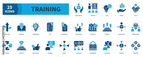 Training  Icon Collection Set. Containing mentorship, training, idea, trust, learning, innovation, tutorial, coaching Icon. Simple Flat Vector. Blue Color Style