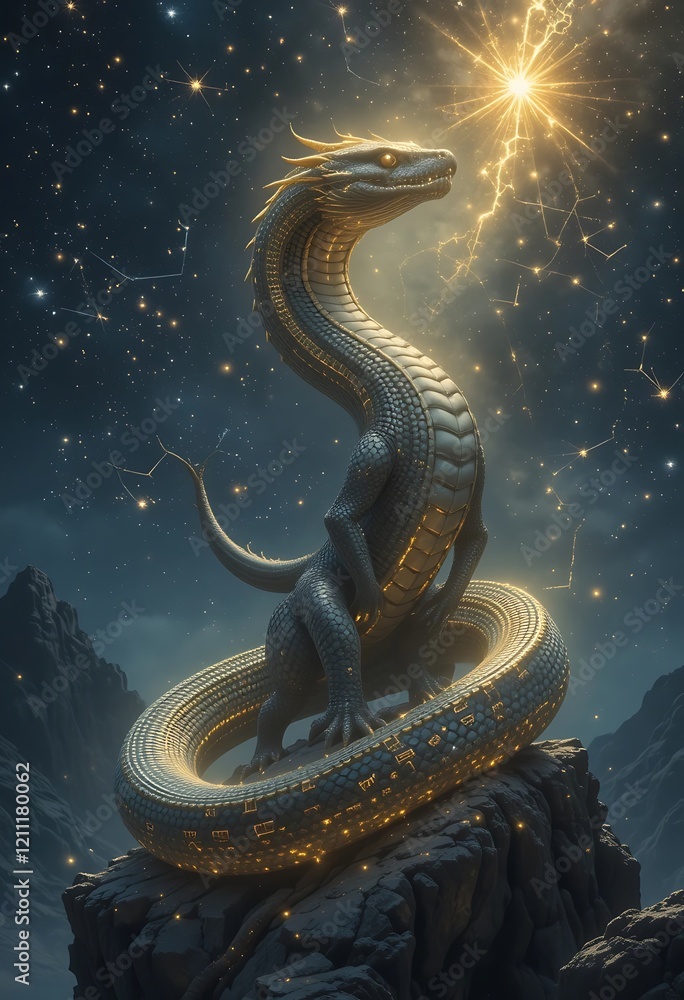 Obraz premium Majestic Celestial Dragon Glowing Gold Scales Night Sky Mountain