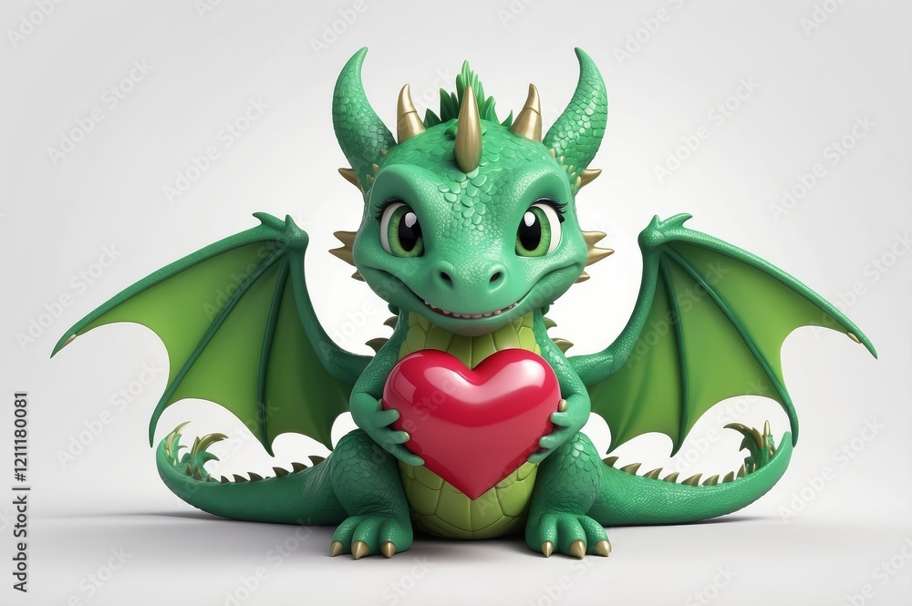 Adorable green baby dragon holding a red heart. Adorable green baby dragon holding a red heart.