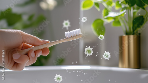 Bathroom Sink with Dirty Toothpaste, Glowing Virus Symbols and Bacteria, Generative AI photo