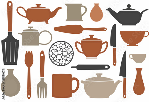 ミニマリストキッチンアート：落ち着いたパステルカラーのシームレスパターン、白い背景にモダンで洗練されたデザイン、調理器具とベーキング用品、エレガントなキッチンインテリア、ストックイラスト。
