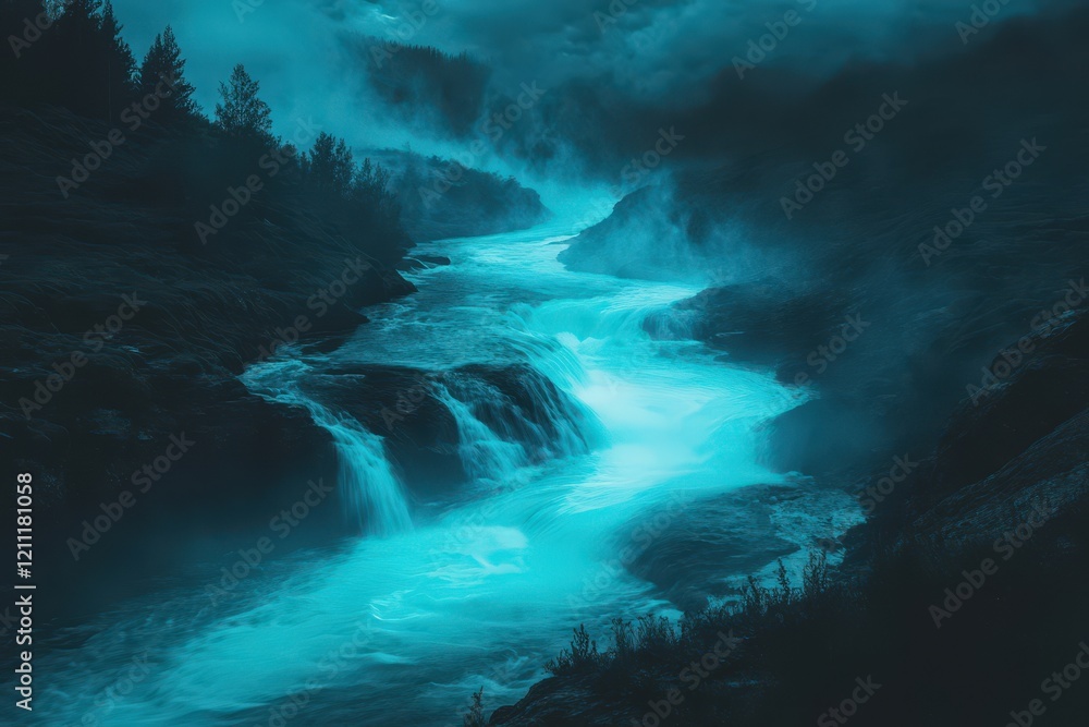 Fototapeta premium Serene Teal Waterfall Flowing Through Misty Forest