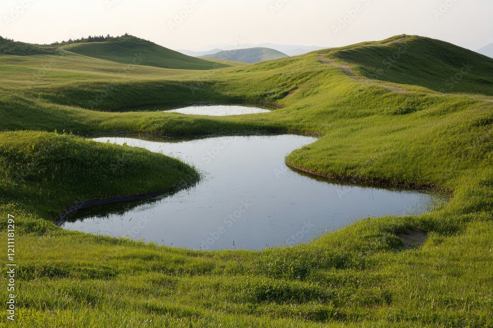 Lush green hills with a serene pond in a tranquil landscape. Lush green hills with a serene pond in a tranquil landscape.