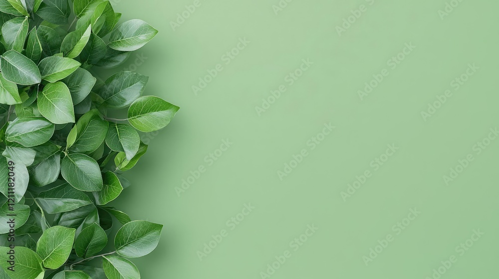 Fototapeta premium Lush green leaves border on pastel background; nature concept