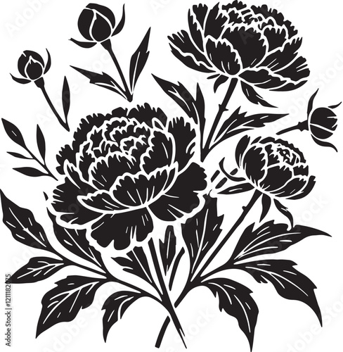 Black Color Peonies Silhouette Vector Illustration, Solid White Background. minimal vector design