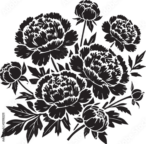 Black Color Peonies Silhouette Vector Illustration, Solid White Background. minimal vector design