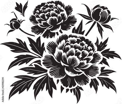 Black Color Peonies Silhouette Vector Illustration, Solid White Background. minimal vector design