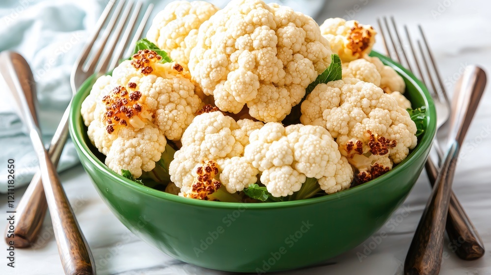 Roasted cauliflower in a green bowl, forks nearby, marble background; healthy food photography Roasted cauliflower in a green bowl, forks nearby, marble background; healthy food photography