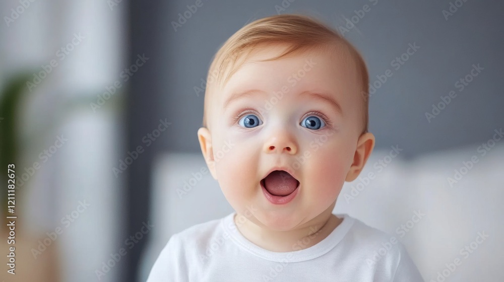 Joyful Baby with Bright Blue Eyes Expressing Happiness in Cozy Indoor Environment Joyful Baby with Bright Blue Eyes Expressing Happiness in Cozy Indoor Environment