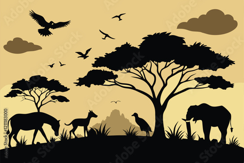 African safari animals and tree silhouette
