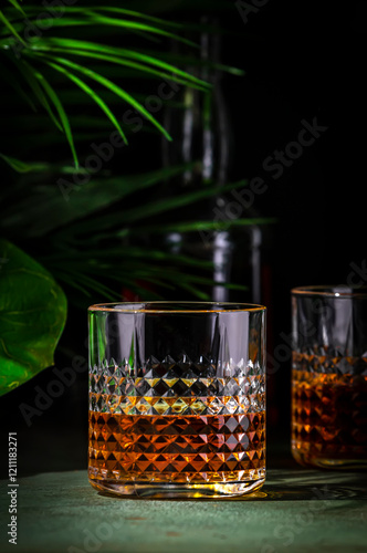 Japanese whiskey single malt in rocks glass. Dark green background with tropical leaves photo