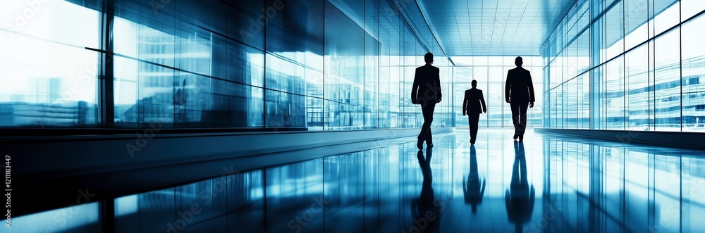 Silhouettes of Success: Three enigmatic figures, shrouded in darkness, stride confidently down a sleek and modern corridor, their silhouettes stark against the bright cityscape beyond. Silhouettes of Success: Three enigmatic figures, shrouded in darkness, stride confidently down a sleek and modern corridor, their silhouettes stark against the bright cityscape beyond.