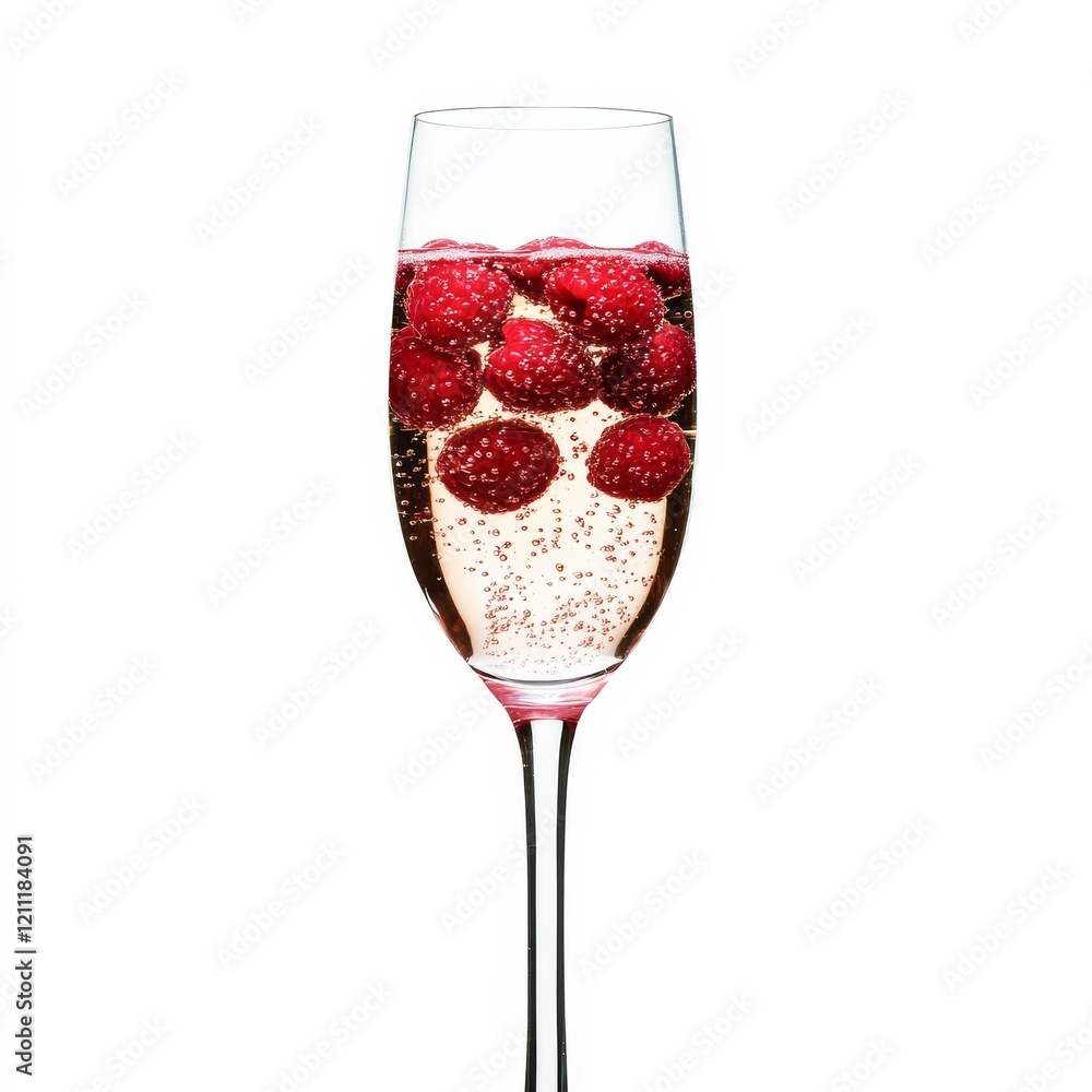 A sparkling champagne flute with raspberries and bubbles, presented against an isolated white background, fauvism art style A sparkling champagne flute with raspberries and bubbles, presented against an isolated white background, fauvism art style