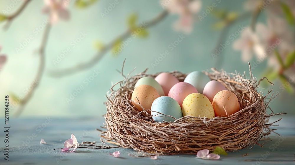 Obraz premium Dessert styled as a bird s nest with spun sugar and pasteltoned eggs, emphasizing nature s delicacy