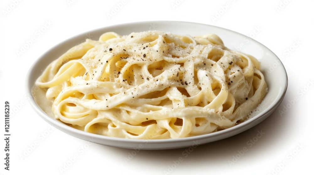 A plate of creamy fettuccine Alfredo with rich Parmesan cheese sauce and freshly cracked black pepper, Each strand of pasta coated in decadent sauce A plate of creamy fettuccine Alfredo with rich Parmesan cheese sauce and freshly cracked black pepper, Each strand of pasta coated in decadent sauce