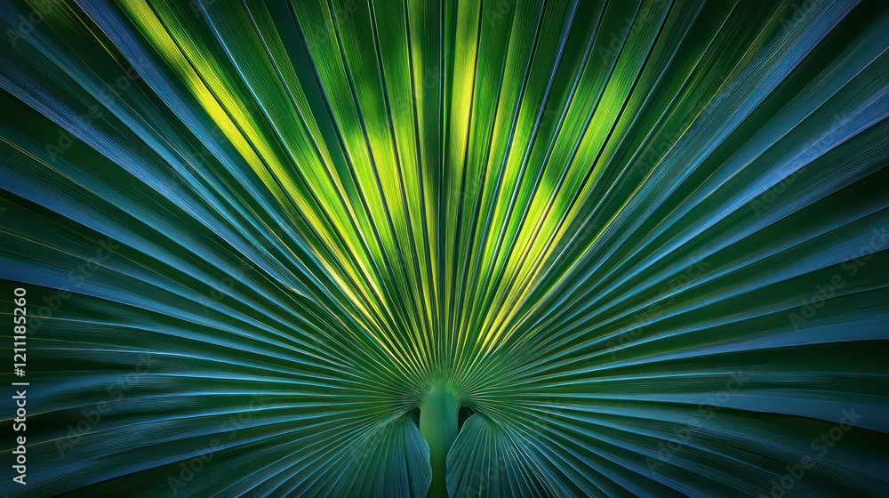 Obraz premium A tropical palm frond with light rays peeking through the leaves.