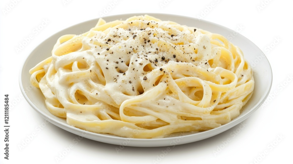 A plate of creamy fettuccine Alfredo with rich Parmesan cheese sauce and freshly cracked black pepper, Each strand of pasta coated in decadent sauce A plate of creamy fettuccine Alfredo with rich Parmesan cheese sauce and freshly cracked black pepper, Each strand of pasta coated in decadent sauce