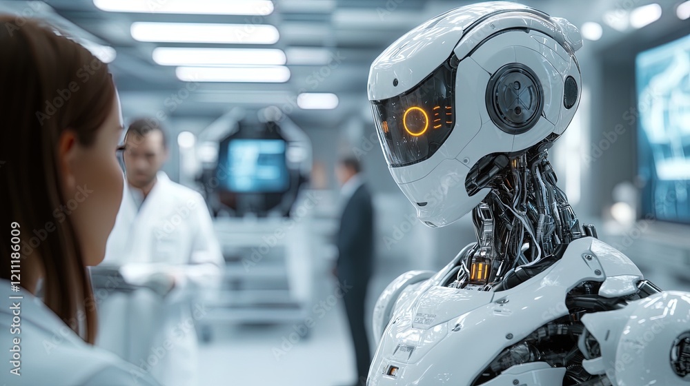 AI humanoid robot working alongside humans in a futuristic lab, innovative and advanced AI humanoid robot working alongside humans in a futuristic lab, innovative and advanced