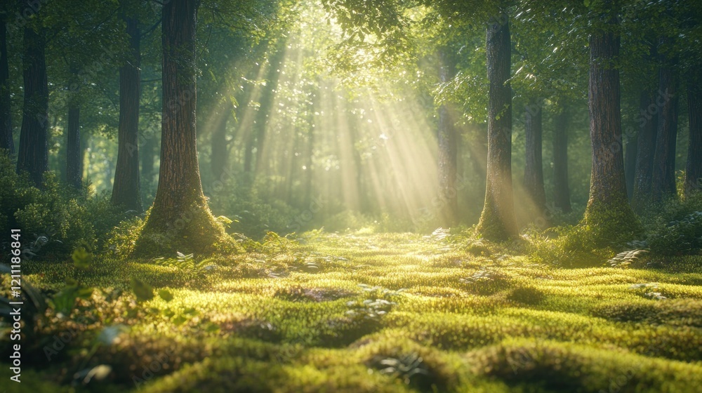Obraz premium Sunbeams Filtering Through a Mystical Forest