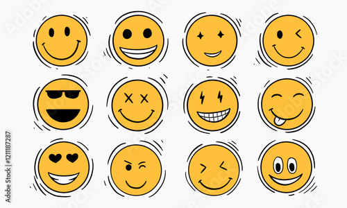 A collection of hand drawn yellow emoticons each showing a different expression and mood.