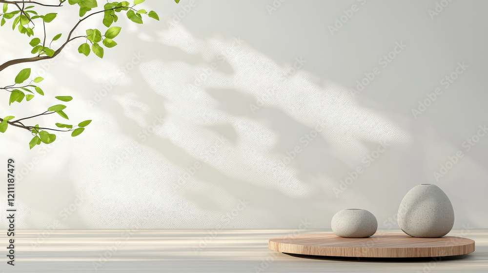 tranquil scene with smooth stones on wooden platform and leafy shadows tranquil scene with smooth stones on wooden platform and leafy shadows