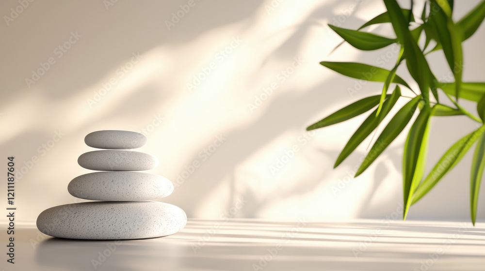 stack of smooth stones with bamboo leaves creates serene and calming atmosphere stack of smooth stones with bamboo leaves creates serene and calming atmosphere