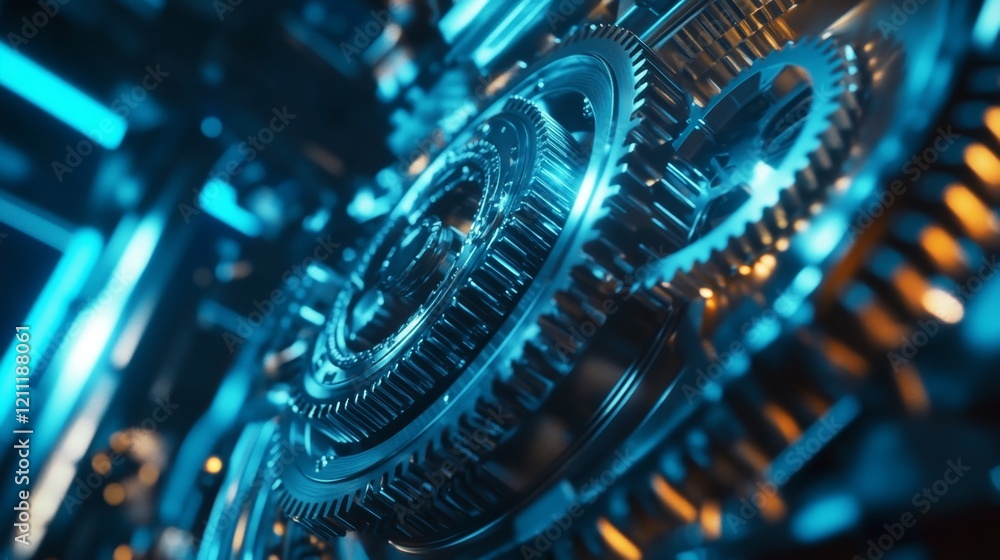 Fototapeta premium Intricate Metallic Gears with Blue and Orange Glow Effect