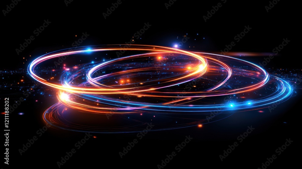 Abstract swirling light trails with orange and blue glowing particles on black background. Abstract swirling light trails with orange and blue glowing particles on black background.