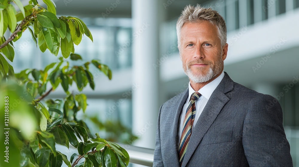 Confident businessman portrait, modern office, plants, success Confident businessman portrait, modern office, plants, success