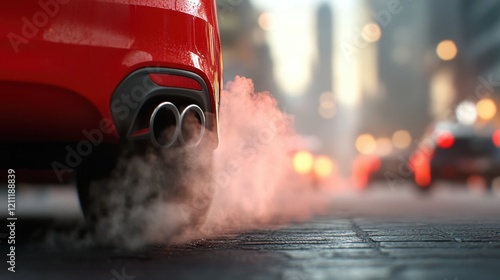 A close-up of a red car's exhaust pipe emitting thick smoke, with blurred urban surroundings in the background.

