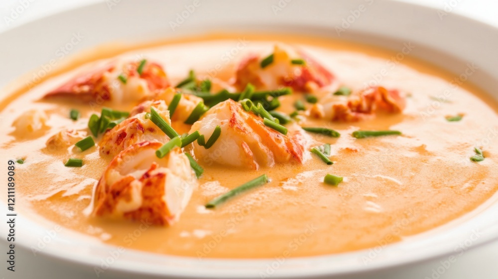 A plate of creamy lobster bisque soup garnished with lobster chunks and chives, Each spoonful filled with rich and luxurious flavors A plate of creamy lobster bisque soup garnished with lobster chunks and chives, Each spoonful filled with rich and luxurious flavors