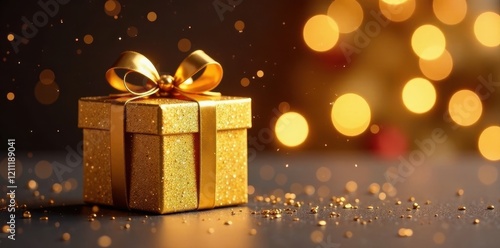 Luxury golden box, shimmering Christmas ball, radiant bokeh , christmas ball, festive background