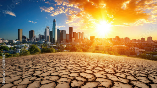 Fototapeta Naklejka Na Ścianę i Meble -  city skyline with dramatic sunset and cracked earth foreground