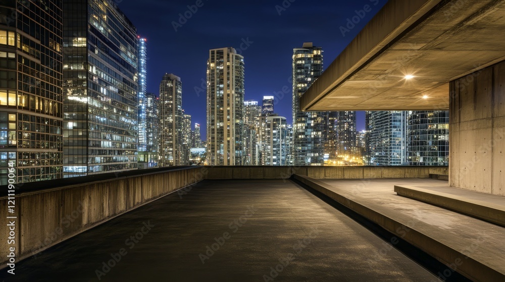 nocturnal urban vista, empty concrete platform, towering business district, azure night sky, modern architectural design, varied building heights, city light reflections, contemporary metropolitan nocturnal urban vista, empty concrete platform, towering business district, azure night sky, modern architectural design, varied building heights, city light reflections, contemporary metropolitan