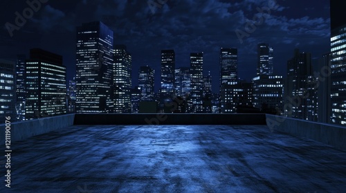 nocturnal urban vista, empty concrete platform, towering business district, azure night sky, modern architectural design, varied building heights, city light reflections, contemporary metropolitan
