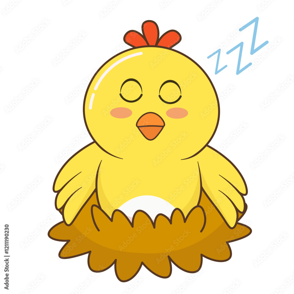 Obraz premium Cute Sleeping Yellow Chick in Nest Illustration