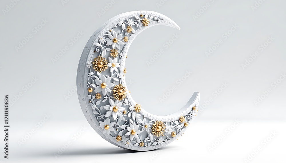 Floral Crescent Moon: Elegant White Sculpture with Gold Accents Floral Crescent Moon: Elegant White Sculpture with Gold Accents