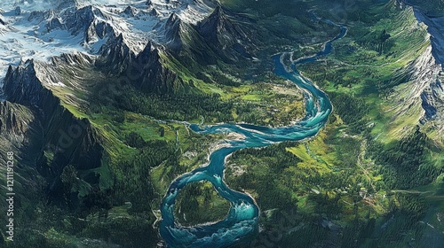 overhead alpine valley capture, serpentine turquoise waterway, dense forest ecosystem, white stone river margins, vivid green canopy textures, pristine mountain water flows, natural corridor photo