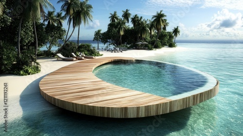 overhead island sanctuary capture, minimalist wooden dock structure, serpentine pool formation, crystal clear ocean waters, pure white beach expanse, artistic palm tree silhouettes, premium coastal