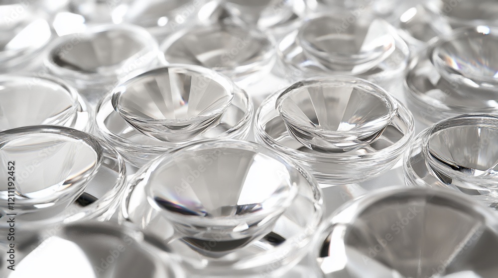 Close-up of numerous clear, small lenses arranged in a grid pattern. Close-up of numerous clear, small lenses arranged in a grid pattern.