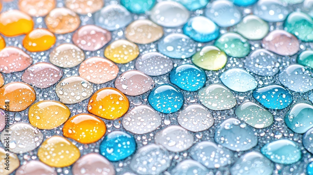 Colorful wet pebbles arranged in rows, background blurred, for design or spa use