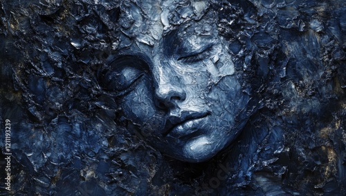 A mysterious woman's face emerging from the darkness, her eyes closed and skin covered in dark blue hues.  photo