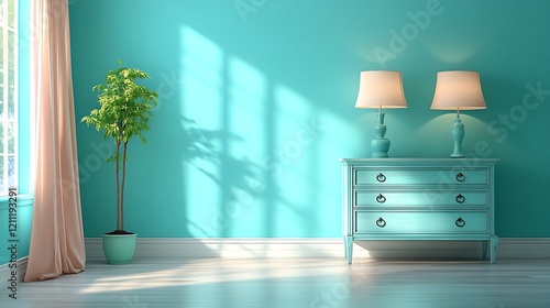 Teal room interior with dresser lamps and plant