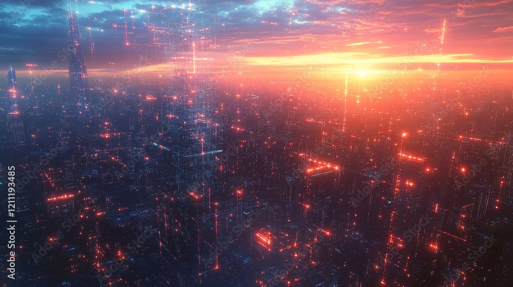 modern smart city aerial composition, glowing network connections overlay, futuristic digital mesh pattern, urban skyline backdrop, sunrise glow effect, vibrant blue sky canvas, architectural modern smart city aerial composition, glowing network connections overlay, futuristic digital mesh pattern, urban skyline backdrop, sunrise glow effect, vibrant blue sky canvas, architectural