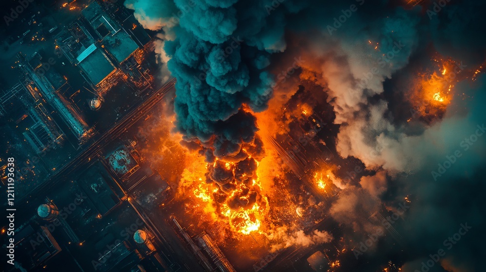 Naklejka premium dramatic industrial disaster scene, intense fiery explosion, contrasting teal smoke clouds, aerial night photography, glowing ember fragments, industrial complex infrastructure, atmospheric tension,